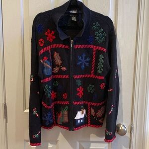 Festive Black Zip-Up Sweater with Holiday Patterns